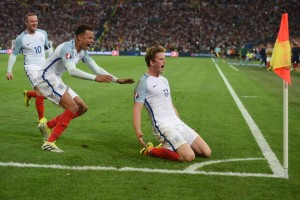 England's midfielder Eric Dier (R) celebrates after scoring his team's first goal during the Euro 2016 group B football match between England and Russia at the Stade Velodrome in Marseille on June 11, 2016. / AFP PHOTO / PAUL ELLIS / ALTERNATIVE CROPPAUL ELLIS/AFP/Getty Images