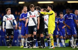 LONDON, ENGLAND - MAY 02:  A scuffle breaks out after Eric Dier of Tottenham Hotspur brings down Eden Hazard of Chelsea during the Barclays Premier League match between Chelsea and Tottenham Hotspur at Stamford Bridge on May 02, 2016 in London, England.jd  (Photo by Shaun Botterill/Getty Images)